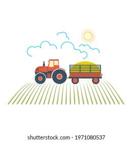 Agricultural background with tractor on field, landscape, farm. Tractor with trailer carries the harvest.
