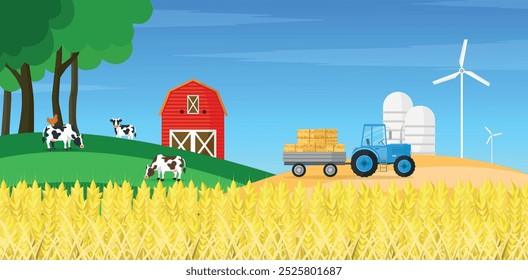 Agricultural background with wheat field, tractor, barn, windmills and cows. Vector illustration.