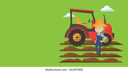 Agricultural banner with space for text. Vector flat design. Horizontal layout. Caucasain farmer in summer hat standing on the background of tractor preparing land. Farmer standing in front of tractor