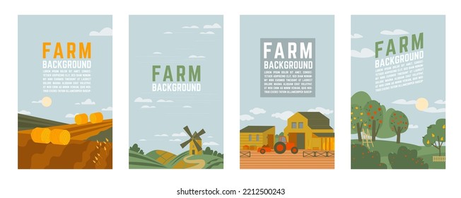 Agricultural banners collection. Rural nature backdrops. Farms, gardens in summertime. Countryside lifestyle. Editable vector illustration. Vertical poster. Portrait background. Graphic design set.