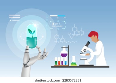 Agricultural biotechnology with artificial intelligence innovation technology. Scientist in laboratory research and using AI Robotic hand develop capsule pills from herbal plants.