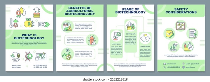 Plantilla de folletos básicos de biotecnología agrícola. Diseño del prospecto con iconos lineales. Editable 4 diseños vectoriales para presentación, informes anuales. Arial-Black, Myriad Pro-Regular fuentes utilizadas