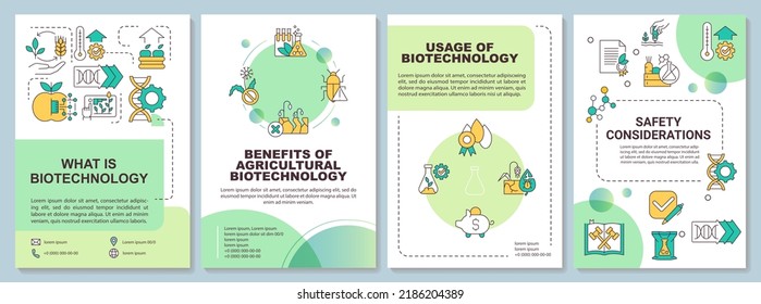 Agricultural biotechnology basics green brochure template. Leaflet design with linear icons. Editable 4 vector layouts for presentation, annual reports. Arial-Bold, Myriad Pro-Regular fonts used