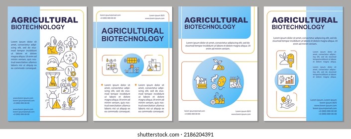 Plantilla de folleto azul sobre biotecnología agrícola. Diseño del prospecto con iconos lineales. Editable 4 diseños vectoriales para presentación, informes anuales. Arial-Black, Myriad Pro-Regular fuentes utilizadas