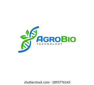 Agricultural biotechnology logo design. Biology genetics vector design. DNA helix and leaves logotype