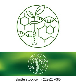 Biotecnología agrícola - ciencia que implica el uso de técnicas científicas para modificar organismos vivos. Icono en la plantilla de logotipo de línea delgada o universitaria