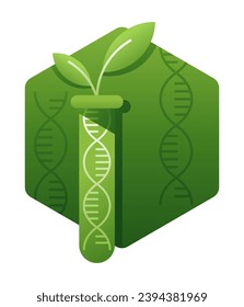 Agricultural biotechnology - science involving the use of scientific techniques to modify living organisms. Green color icon line or university logo template in hexagon shape