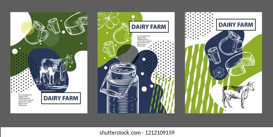 Agricultural Brochure Layout Design. Example Of Page Design Of A Brochure About Dairy Products. An Example Of A Backdrop For Milk Farm. Vector Image Of Cows, Milk Wave, Jug, Cup.