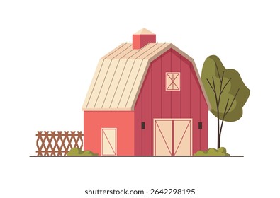 Agricultural building. Vector summer rural landscape with barn, trees and grass. Square construction from wood with large sliding or swinging doors and loft raised area for storing hay or straw