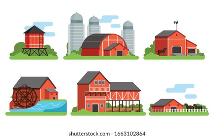 Colección de edificios agrícolas, vida rural y objetos industriales, Casa de granja, Granja, Torres Silo, Molino de Agua, Ilustración vectorial sobre fondo blanco