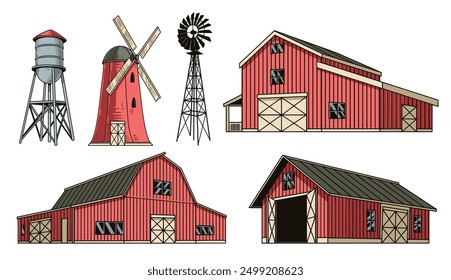 Agricultural buildings colorful set stickers with grain processing mills and hangars for storing crops collected from fields vector illustration