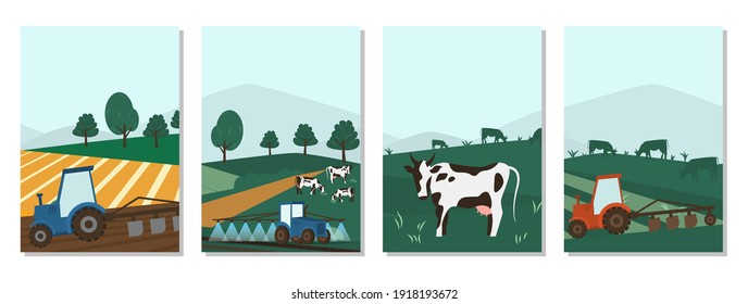 Agricultural business cards. Cows farming on green meadow agricultural business concept. Calves eating fresh herb. Rural animal field vector illustration. Cattle livestock farmer industry banner.