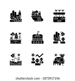 Agricultural Business Flat Design Long Shadow Glyph Icons Set. Urban Farming. Healthy Food. Vegetables From Farmer. Aquaponic Production. Silhouette Symbols. Vector Isolated Illustration