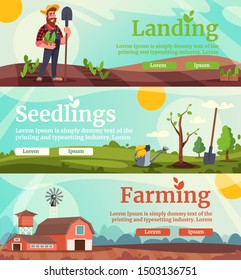 Agricultural business flat vector landing page templates set. Cheerful farmer with shovel planting green seedlings in soil. Growing crops, cultivating arable land, gardening homepage layout