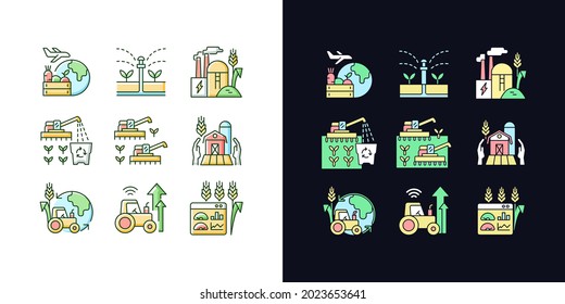 Agricultural business light and dark theme RGB color icons set. Farm modernization and innovation. Isolated vector illustrations on white and black space. Simple filled line drawings pack