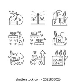 Agricultural business linear icons set. Ecological farming. Farm modernization and innovation. Customizable thin line contour symbols. Isolated vector outline illustrations. Editable stroke