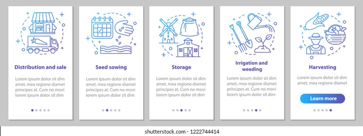 Agricultural business onboarding mobile app page screen with linear concepts. Farming. Agriculture. Sowing, growing, storage, distribution steps instructions. UX, UI, GUI vector illustrations