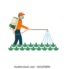 Agricultural chemicals are spayed by farmer over the plants, colorful vector flat illustration