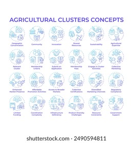 Agricultural clusters blue gradient concept icons. Food production and distribution. Cluster farming. Shared resources. Icon pack. Vector images. Round shape illustrations. Abstract idea