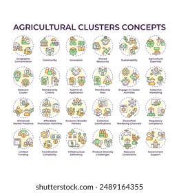 Iconos de concepto multicolor de racimos agrícolas. Producción y distribución de alimentos. Agricultura en racimo. Recursos compartidos. Paquete de iconos. Imágenes vectoriales. Ilustraciones de forma redonda. idea Abstractas