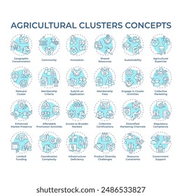 Agricultural clusters soft blue concept icons. Food production and distribution. Cluster farming. Shared resources. Icon pack. Vector images. Round shape illustrations. Abstract idea