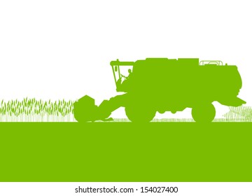 Agricultural combine harvester in grain field seasonal farming landscape scene illustration background vector ecology concept