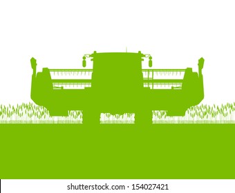 Agricultural combine harvester in grain field seasonal farming landscape scene illustration background vector ecology concept