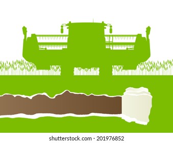 Agricultural combine harvester in grain field seasonal farming landscape scene illustration background vector ecology concept with ripped paper copy space