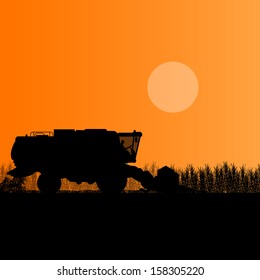 Agricultural combine harvester in seasonal corn field farming landscape scene illustration background vector
