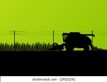 Agricultural combine harvester seasonal farming landscape scene illustration background vector