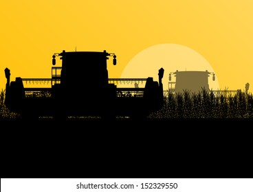 Agricultural combine harvesters in seasonal corn field farming landscape scene illustration background vector