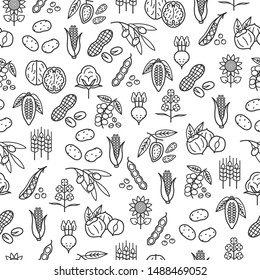 Agricultural Commodities Seamless Pattern Background. Main Plant Origin Products Of The Agro-industrial Complex Linear Icons. Nuts, Legumes, Oil, Grain, Coffee, Vegetable, Cotton