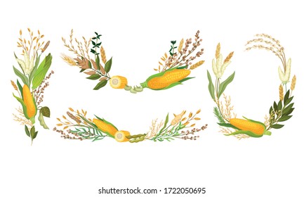 Agricultural Composition with Different Spikelets and Crops Like Corn and Wheatear Vector Set