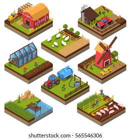 Agricultural compositions isometric set with farm buildings and vehicles livestock and fishing cultivated lands isolated vector illustration  