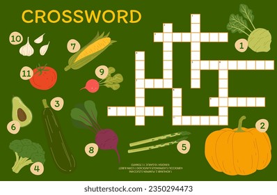 Agricultural crossword quiz game with autumn harvest raw vegetables. Crossword puzzle, vocabulary game vector worksheet with garlic, corn, tomato and radish, avocado, zucchini, pumpkin farm veggies