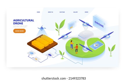 Agricultural drone, landing page design, website banner vector template. Smart farm, modern agriculture technology.