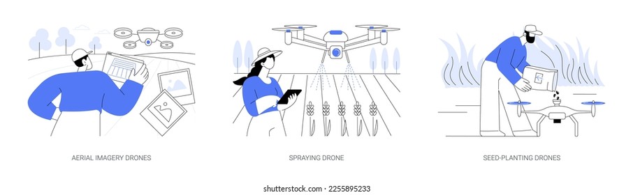 Conjunto de ilustraciones vectoriales conceptuales abstractas de drones agrícolas. Mapeo de drones de imágenes aéreas, rociado remoto, plantación de semillas de innovación, agricultura inteligente, metáfora abstracta de agricultura de precisión.