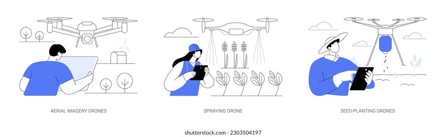 Conjunto de ilustraciones vectoriales conceptuales abstractas de drones agrícolas. Imágenes aéreas para agricultura de precisión, recolección de datos sobre cultivos, rociado a distancia, metáfora abstracta de automatización de siembra