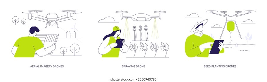 Agricultural drones abstract concept vector illustration set. Aerial imagery for precision agriculture, collect data about crops, remote-controlled spraying, seed-planting automation abstract metaphor