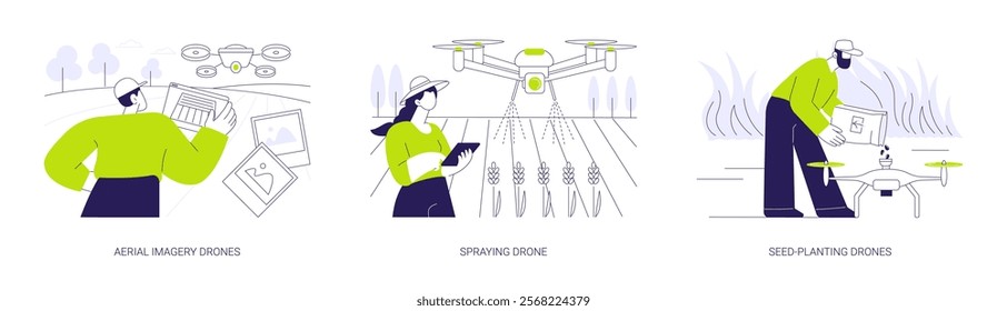 Agricultural drones abstract concept vector illustration set. Aerial imagery drones mapping, remote spraying, innovation seed-planting, smart farming, precision agriculture abstract metaphor.