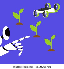 Agricultural drones and AI Robot in use. Smart farming solutions. Modern agriculture technology. Tree sapling. Flat vector illustration.