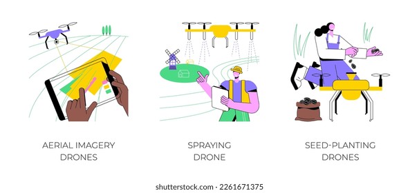 Drones agrícolas aislaron ilustraciones vectoriales de dibujos animados. Drones de imágenes aéreas, fumigación y siembra de semillas en la industria de la agricultura inteligente, dibujos animados de vectores de agricultura de precisión.