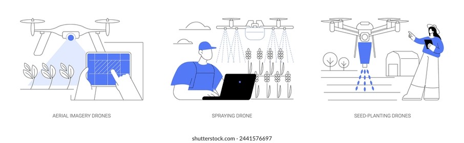 Agricultural drones isolated cartoon vector illustrations set. Aerial imagery for precision agriculture, collect data about crops, remote-controlled spraying, seed-planting automation vector cartoon.