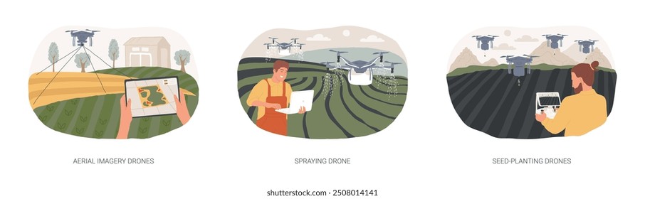 Agricultural drones isolated cartoon vector illustrations set. Aerial imagery drones, spraying and seed-planting automation in smart farming industry, precision agriculture vector cartoon.