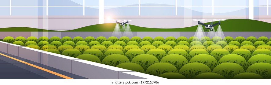 agricultural drones sprayers quad copters flying to spray chemical fertilizers in greenhouse smart farming innovation