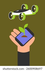 Agricultural drones in use in phone app. Tree sapling. Smart farming solutions. Modern agriculture technology. Flat vector illustration.