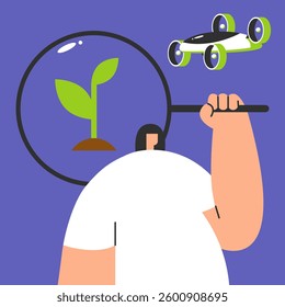 Agricultural drones in use. Searching Smart farming solutions. Modern agriculture technology. Tree sapling. Flat vector illustration.