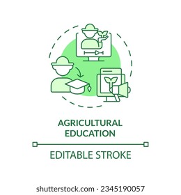 Icono de concepto verde de educación agrícola. Desarrollo de habilidades. Programa de capacitación. Industria agrícola. Ciencia de cultivos. Ilustración de línea de forma redonda. Idea abstracta. Diseño gráfico. Fácil de usar