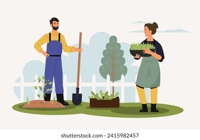 Empleados agrícolas trabajando en el jardín con herramientas. Personajes femeninos y masculinos cultivando verduras. Hombre con pepinos plantadores de palas, mujer sosteniendo plantas portadoras de un vector de dibujos animados. Pareja en naturaleza