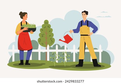 Empleados agrícolas trabajando en el jardín con herramientas. Vector de empleado del granjero, trabajador del personaje de dibujos animados, persona de la granja ilustración orgánica